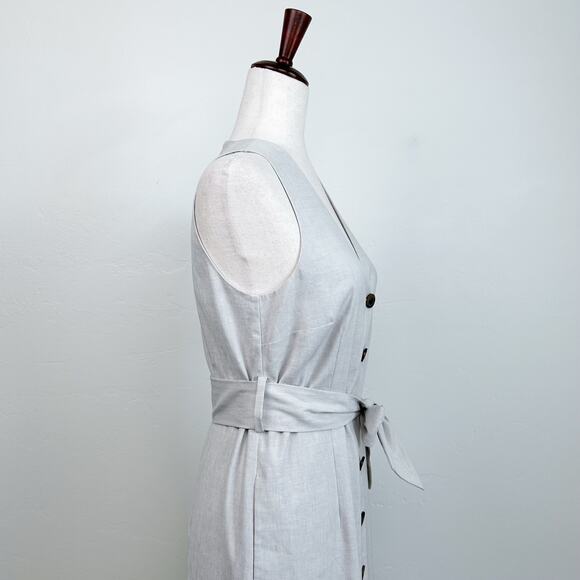 Ann Taylor Linen Blend Sleeveless Belted Midi V-Neck Shirtdress - Picture 4 of 8